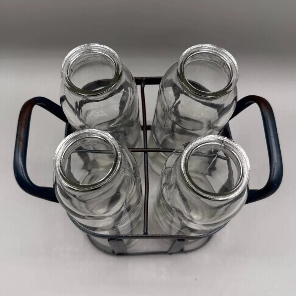 Farmhouse Glass Milk Bottle Set with Metal Wire Carrier Caddy 4 Piece Clear